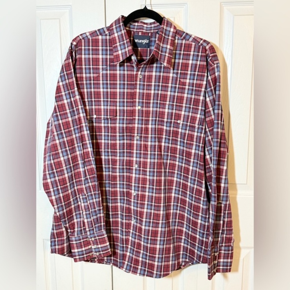 Wrangler Men's Burgundy and Blue Plaid Shirt w/pearl snaps Sz XL CM